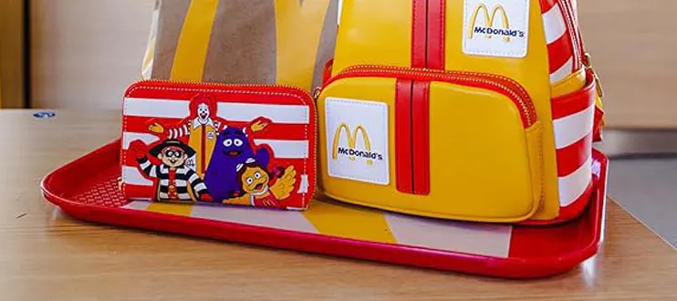 Un menú McDonalds, una mochila y una caja con personajes de una serie en una bandeja