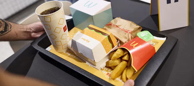 Unos brazos sujetando una bandeja con un menú McDonalds