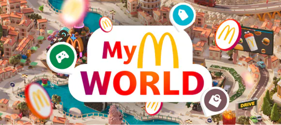 Parque temático de McDonalds de fondo y el texto MyMcDonalds World