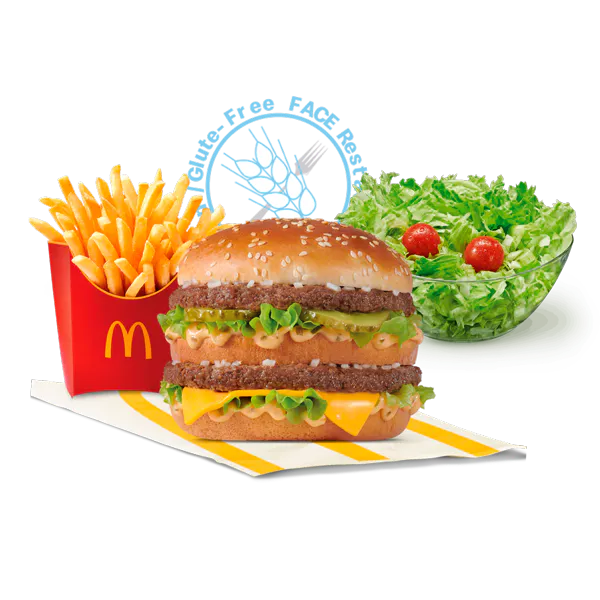 Una Big Mac, ensalada y patatas con un logo de Sin Gluten detrás